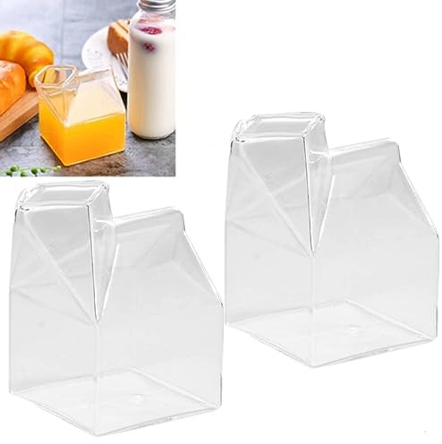2 PCS Glass Milk Carton Creamer Pitcher, 250ml Milk Jug Creamer Pitcher Juice Box Cute Clear Kawaii Carton Cup Square Juice Bottle for Home Outdoor Sports Travel Camping Activities