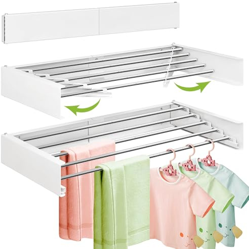 ZdwCyl Wäscheständer, Wäscheständer, Wandhalterung, platzsparender Kleiderständer, einziehbar, zusammenklappbar (dreifach faltbar), für Balkon, Wäsche, Badezimmer, Ring-Haken, 3Z-r-b2