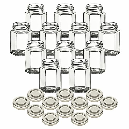 gouveo 12er Set Einmachgläser 120 ml Hexagon Schraub-Deckel silberfarben - Kleine Vorratsgläser 0,12 l mit Schraubverschluss - Leere sechseckige Gläser für Marmelade, Gewürze, Brotaufstrich