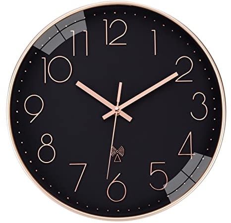ACCSHINE Radio-Controlled Wall Clock Without Ticking Noises Silent 30 cm Quartz Battery Operated Large Wall Clock Easy to Read for Room Home Kitchen Bedroom Office School (Black)