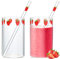 Tessco Erdbeerbecher mit Strohhalm, Glasbecher mit Strohhalm, transparent, Beerenmuster, Gläser, Flasche für Saft, Wasser, Milch, Kaffee, Tee, 2 Sets