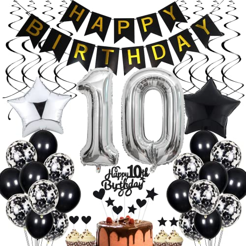 10. Geburtstag Dekoration,Schwarz Tortendeko Geburtstag 10 Jahre Junge,Black and White Party Deko,10 Geburtstag Mädchen Junge,Tortendeko 10. Geburtstag Junge Mädchen,Geburtstagsdeko 10 Jahre Mädchen