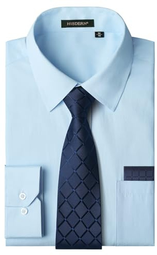 HISDERN Men's Dress Shirts Long Sleeve Formal Plain Shirt and Tie Set Button Down Business Wedding Shirts with Pocket Regular Fit S-XXL