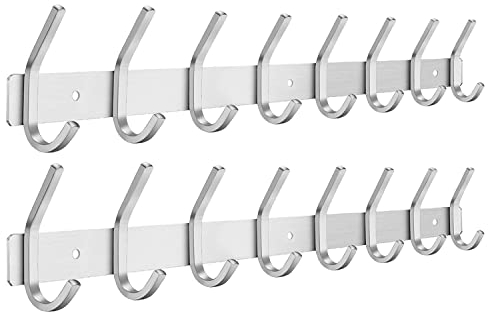 JOLY FANG Hakenleiste Rostfrei Edelstahl Garderobenhaken Gebürstete Kleiderhaken Wand Garderobenleiste für Schlafzimmer Bad Küche (Silber, 8 Haken - 2 Stück)