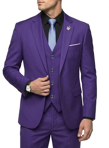 Hihawk Herren 3-teiliger Anzug mit Stretch-Stoff, solide schmale Passform, EIN-Knopf-Anzug, Blazer-Set, Jacke, Weste, Hose mit Krawatte, deep Purple, XX-Large