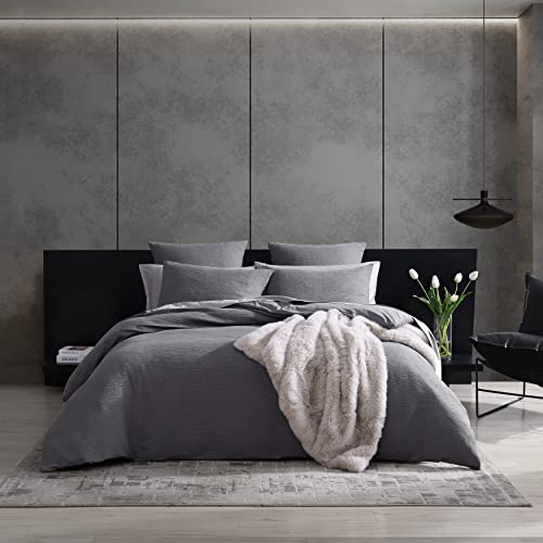 Vera Wang- King Duvet Cover Set, Reversible Cotton Bedding Set with Matching Shams, Designer Home Décor (Textured Pleats Charcoal, King)