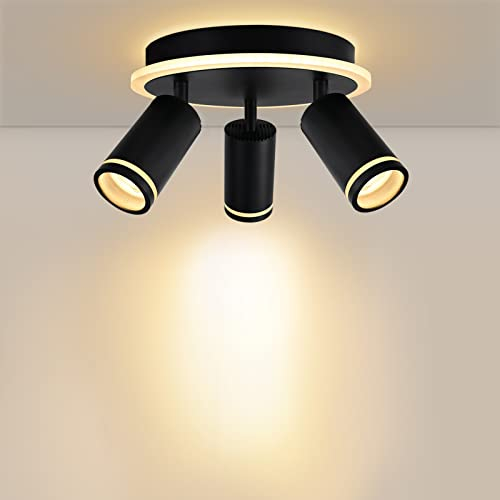 URing LED-Deckenleuchte, 3 Spot, rund, Deckenstrahler, schwenkbar & schwenkbar, LED-Beleuchtung mit Unterlicht, 8 W + 3 x 5 W GU10, 2200 lm, Warmweiß 3000 K, für Küche, mattschwarz