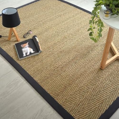 Decoweb Tapis Jonc de mer - Assam Chevron - Ganse Coton Noire - 250 x 350 cm