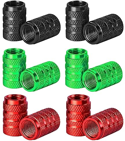 WUDQIJI Reifenventilkappen 12 Stück Ventilkappen Aluminium Auto Ventilkappen Luftdichte Ventilkappen universelle Ventilkappen für Auto Motorbike Trucks Fahrrad Motorrad(Schwarz Grün Rot)