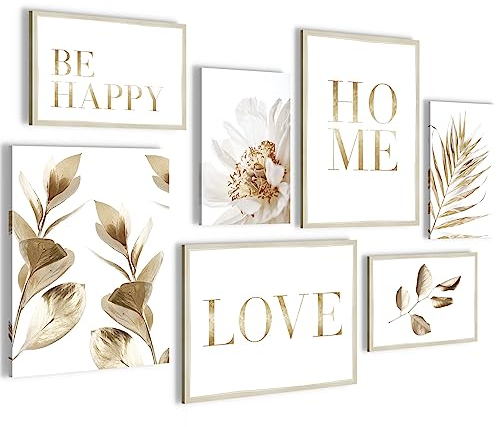 Novart WTD N021571a - 7 quadri da parete in stile boho con foglie dorate, pronti da appendere, per la casa, il soggiorno, la camera da letto
