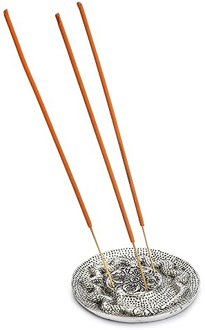 Ajuny Runder Räucherstäbchenhalter aus Aluminium mit Aschefänger, Räucherstäbchen Brenner im tibetischen Stil für Meditation, Yoga, Altar und spirituelle Deko, silberfarben, 9 cm