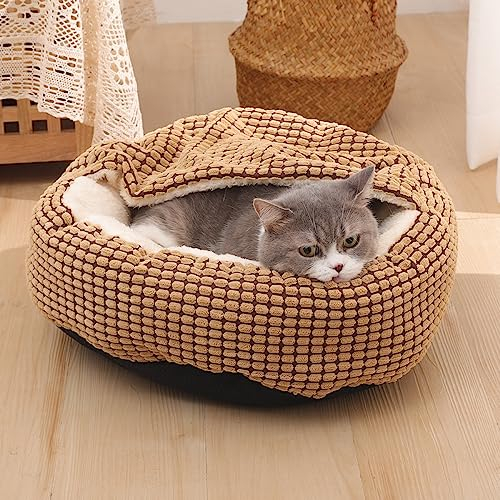 Nyescasa Hundebett Katzenbett mit Kapuze Hundematte Katzenschlafplatz Hundesofa Katzensofa Hundekörbchen Katzenkissen Hundekissen Runde Waschbar Rutschfest für Kleine Hunde Katzen Braun 40*40*22cm