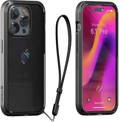 Catalyst Influence Case for iPhone 15 Pro, 2.5X Higher Drop Proof, Non-Slip Frosted Edges and Crystal clear back, Raised Edges Protection, 30% Louder Forward Audio, Lanyard Included- Midnight Black