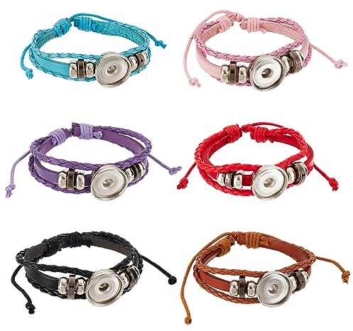 PH PandaHall 6 Stück Leder Druckknopf Armband Mehrschichtiges Geflochtenes PU Leder Armreif für Boho Frauen Männer - Passend für 18mm DIY Schmuck