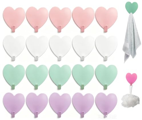 Molyorch 20 Stück Haken Herzform Wasserdicht, Garderobenhaken Bunt, Küche Handtuchhalter, Selbstklebend Handtuchhalter, für Badezimmer, Toilette, Küche, Büro