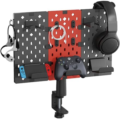 PEGZONE Support modulaire pour casque et manette de jeu, panneau perforé à pince, support de manette rotatif avec crochets de câble, accessoire de jeu pour Xbox, PS5, PS4, Nintendo Switch, 3 pièces,