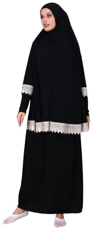 ihvan online Muslimische Kleider für Damen, zweiteiliges langärmeliges islamisches Gebetskleid, Hijab, Schwarz gemustert, Einheitsgröße