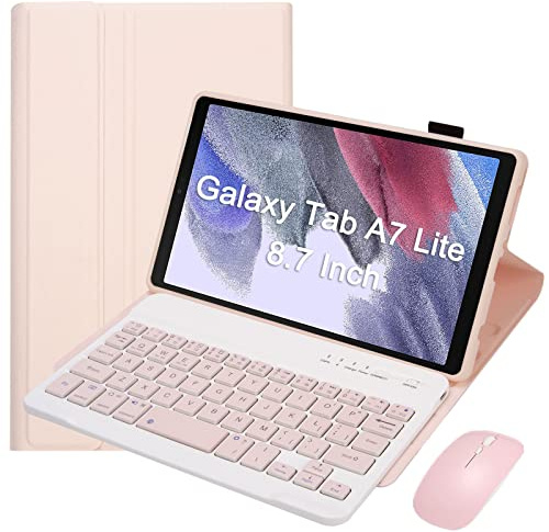 VLEAQC Keyboard Case for Samsung Galaxy Tab A7 Lite 8.7 inch 2021, Detachable Wireless Bluetooth Keyboard and Mouse, Slim Lightweight Protective Folio Cover (Model SM-T220/T225/T227),Pink