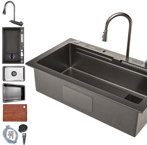 KOOGIMDDR 75 × 45 cm, fregadero de cocina con cascada, grifo de cascada LED, tabla de cortar deslizante y lavavajillas de tazas de alta presión, compacto y multifuncional