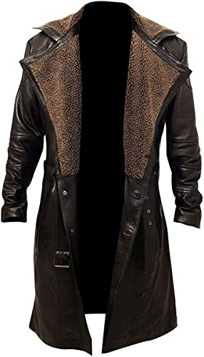 Moizzy Men's German Military Style Belted Trench Coat Real Lambskin Leather Winter Long Coat with Faux Fur Collar