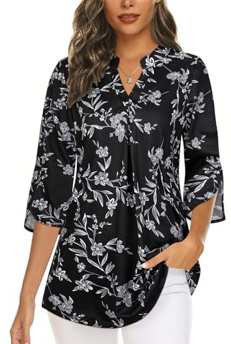 Flikity Plus Size Tops for Women UK 3/4 Sleeve Ladies Tops V Neck Dress Work Shirts Ladies Blouses Office Wear Professional Attire Business Casual Tunic Tops for Women UK Black Floral XX-Large