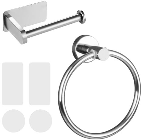 Self Adhesive Toilet Paper Roll Holder and Hand Towel Ring Set for Bathroom - 304 Stainless Steel No Drilling Easy Installation (Silver)