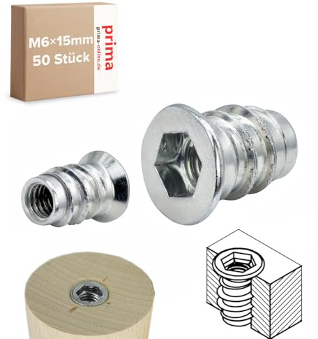 Einschraubmutter M6 x 15 mm – Einschraubmuffen/Eindrehmuffen aus verzinktem Stahl – Innengewinde für Holzbau & Möbelbau (50 Stück)