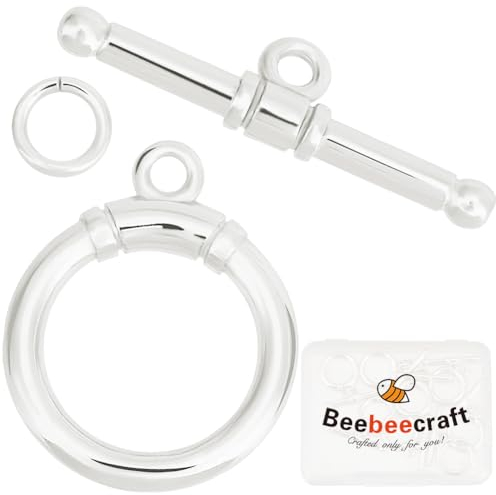 Beebeecraft 10 Stück 925 Sterling-Silber-Beschichtete Knebelverschlüsse T-Stab-Verschluss Runde Verschlussverbinder Mit Biegeringen Für Die Herstellung von Halsketten Und Armbändern
