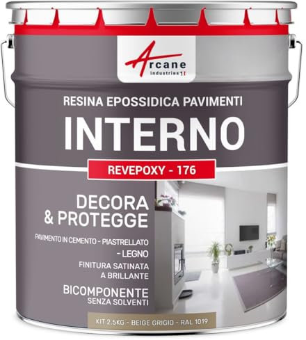 ARCANE INDUSTRIES Peinture sol, résine epoxy, peinture pour sol, salon, cuisine, salle de bains, effet miroir : Revepoxy deco - 2.5 kg (jusqu'à 12.5 m² en 2 couches) Beige Gris - RAL 1019