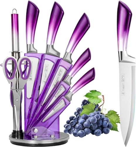Kitchen Knife Set, 9 Pieces Professional Cooking Knife Set with Acrylic Block, Non Stick Sharp Stainless Steel Chef Knife Set with Ergonomic Gradient Handle, Present for Women Girls (Purple)