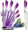 Kitchen Knife Set, 9 Pieces Professional Cooking Knife Set with Acrylic Block, Non Stick Sharp Stainless Steel Chef Knife Set with Ergonomic Gradient Handle, Present for Women Girls (Purple)