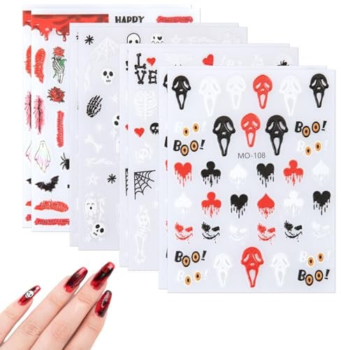 8 Sheets Halloween Nail Stickers, Self Adhesive Nail Design Stickers Skeleton Bat Spider Web Witch Ghost Nail Stickers for Halloween Party