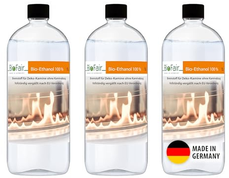 BioFair Bioethanol 100% | 3 x 1L Flasche | Für Ethanolkamin, Bioethanolkamin, Gartenfackel | Innen & Außen | Geruchs- & Rußfrei | Hochreines Bio Ethanol