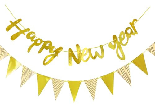 ParPix Happy New Year Girlande Silvester Deko 2026 Gold, Glitzer Happy New Year Deko Banner, Girlande Silvester Dekoration mit Wimpelkette, Silvester Deko 2026 Party Set, Neujahr Silvesterdeko Zubehör