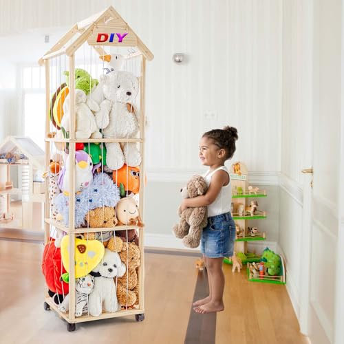 Solid Wood Soft Toy Storage, Stuffed Animal Storage Organizer with 360°Lockable Swivel Castors, 150 * 40 * 40cm Cuddly Toy Storage, Plush Organizer for Nursery Room/Playroom/living Room