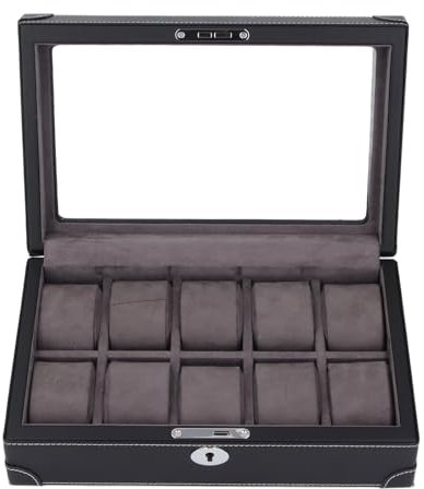 Fockety Uhrenbox-Organizer, 10 Schlitze Transparentes Glasfenster Uhrenetui Superfaser-Leder Mit weichem Samt gefüttert Uhrenvitrine zum Präsentieren und Organisieren von Uhren (BLACK)