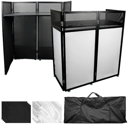 WUDLEP Portable DJ Booth, 108 x 53.5x 118 cm with Dual Top Corners, DJ Facade Booth with Cable Hole, Adjustable Folding DJ Booth for Party, Metal Frame + Black & White Scrims + Carry Bag