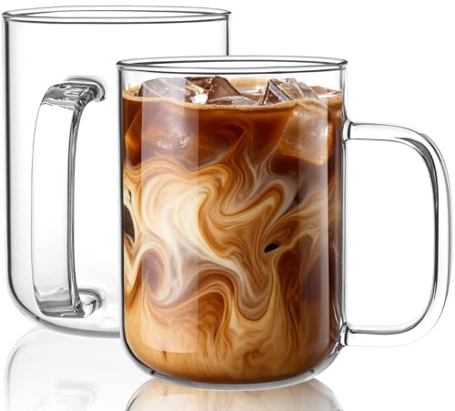 BWODYAY Glass Coffee Mugs, 20 oz Ice coffee cups, Large Clear Tea Cups Set of 2, Glass Mugs with Handles, Glass Cups for Latte, Cappuccino, and Tea