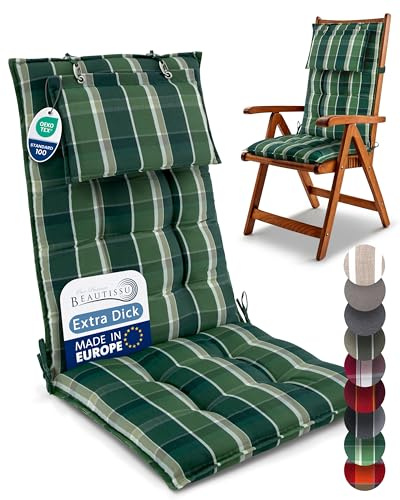 Beautissu 7er Set Premium Hochlehner Auflage mit Kopfpolster rutschfest | 120x50cm 8cm dick Grün kariert Stoff Polster Gartenstuhlauflage Befestigungsbänder UV-Lichtechtheit 5 Robust Sun-HL