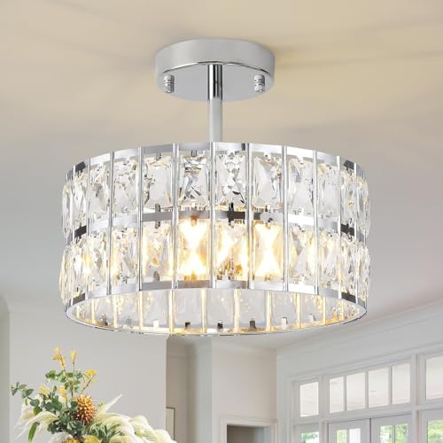 MSSIAN Silberner K9-Kristallkronleuchter Rund 30cm 4xG9 dimmbar Semi Flush Mount Deckenlampe für Esszimmer Eingang Küche Flur