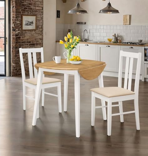 Hallowood Furniture Ledbury Drop Leaf Dining Table and Chairs Set 2, Small White and Oak Folding Table and Chairs in Warm Cream Padded Seats, Space-Saving Dining Room Sets for Home and Cafe