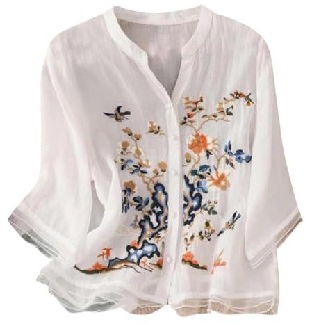 Hrjxfpt Ladies Linen Tops Long Sleeve Button Work Vest Tops Sales Women's Cotton Linen Embroidered Shirt Top Boho 3/4 Sleeeve Tunic Top Elegant Blouse (01-F-Blue, M)