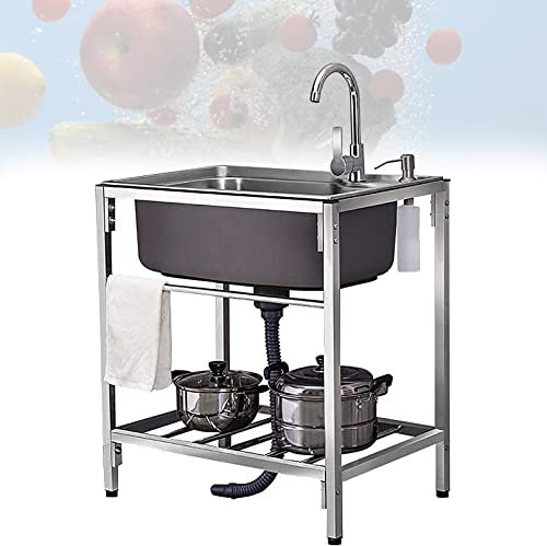 Fregadero de cocina de acero inoxidable independiente con grifo y estante de almacenamiento, para uso industrial, garaje, comercial, resistente, montado en el suelo, para restaurante, taller