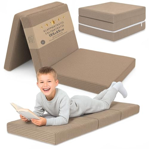 Klappmatratze Kinder Faltmatratze 65x195 cm - Faltbare Matratze Gästematratze Bodenmatratze Kinderzimmer klappbare Schlafmatratze Foldable Mattress Reisematratze faltbar Oeko-Tex 65 x 195 Braun
