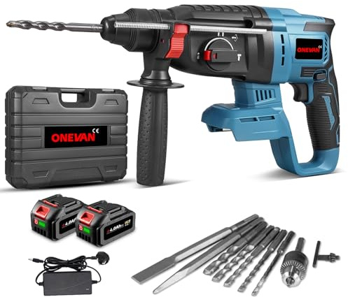Cordless Electric Hammer Drill - 800W SDS-Plus Heavy Duty Rotary Hammer Drill, 3-Operating Modes Power Tools with Anti-Vibration Handle (Incl. 2 Batteries)