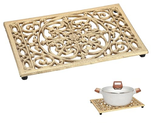 Sumnacon Cast Iron Trivet, 9.6x6.3 Inch Metal Trivets with Rubber Feet, Heat Resistant Trivets for Hot Dish Pot Pan Plate Teapot, Rustic Cast Iron Accessories for Kitchen Cooktop Dining Table, Gold