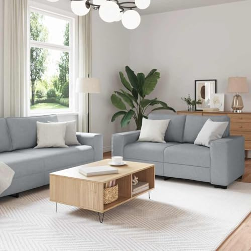 Owoxanthellate 3-TLG. Sofagarnitur Hellgrau mit Sessel 2-Sitzer und 3-Sitzer Sofa aus robustem Holz-Metall-Gestell dick gepolstert Modernes Wohnzimmer-Set für Living Room Büro Gästezimmer
