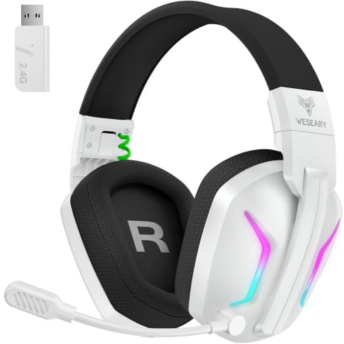 WESEARY Gaming headset trådlöst med mikrofon för PS5 PS4 PC Switch Mac | 2,4 GHz & Bluetooth, 50H batteri, LED-ljus, vikbar, låg latens (≤20 ms), brusreducerande mikrofon, för FPS och RPG