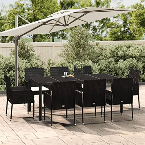 LoogCape Salon de jardin de 9 pièces en polyrotin noir avec coussins blancs crème, grande table à manger en verre trempé pour terrasse et balcon