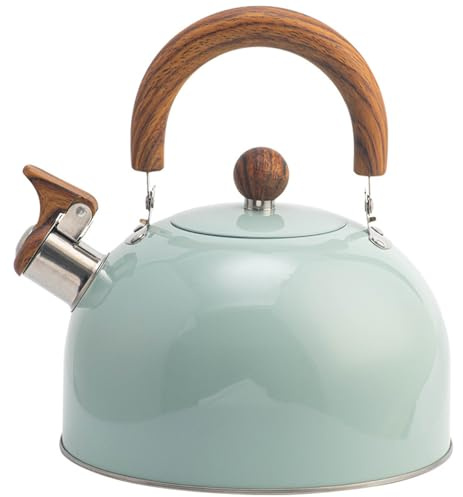 Whistling Stainless Steel Tea Kettle 3L Wood Handle for Induction Stovetop, Food Grade Odor-Free, Light Green